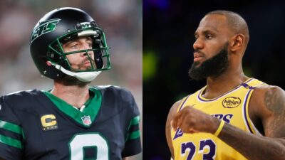 Aaron Rodgers in Jets uniform and LeBron James in Lakers uniform