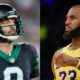 Aaron Rodgers in Jets uniform and LeBron James in Lakers uniform