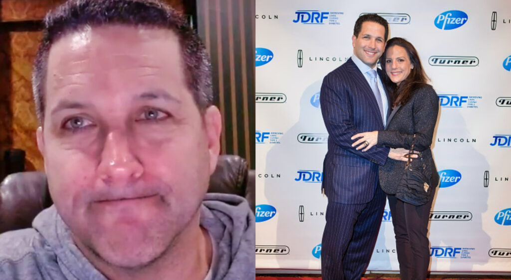 Photo of Adam Schefter grimacing and photo of Adam Schefter holding his wife