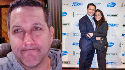 Photo of Adam Schefter grimacing and photo of Adam Schefter holding his wife