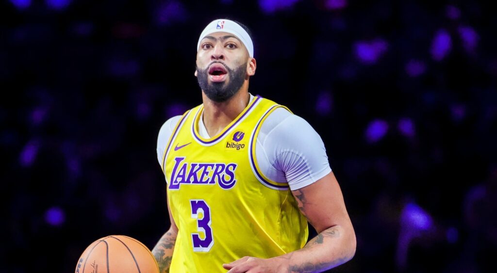 Anthony Davis of the Los Angeles Lakers brings the ball up the court against the New Orleans Pelicans