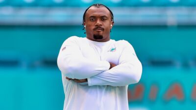 Austin Jackson of the Miami Dolphins poses for a photo during pregame warm-ups prior to a NFL match