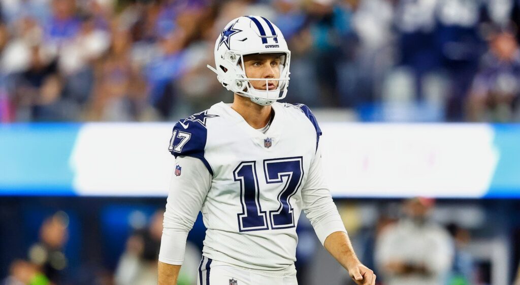 Brandon Aubrey of the Dallas Cowboys at SoFi Stadium on October 16, 2023 in Inglewood, California.