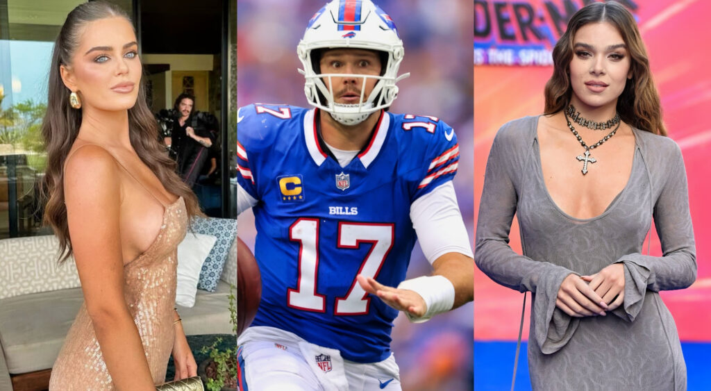 Photos of Brittany Williams in dress, Josh Allen running with football, and Hailee Steinfeld in dress