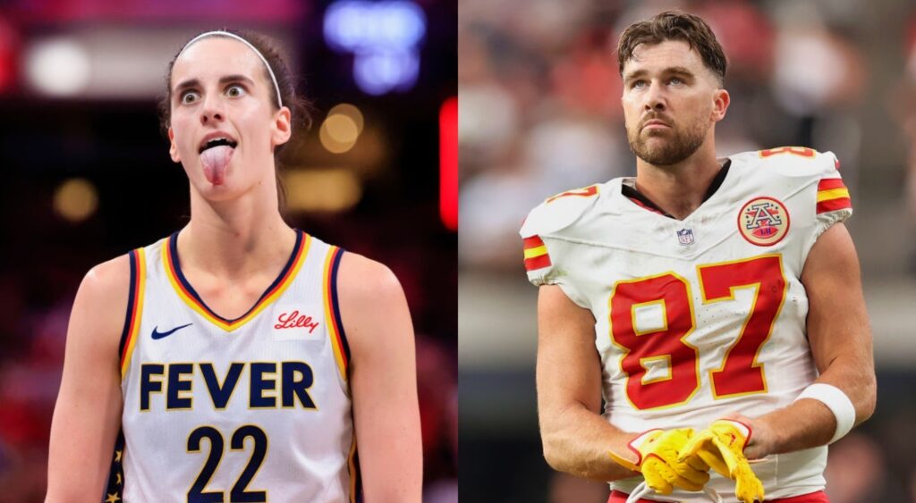 Caitlin Clark sticking tongue out and Travis Kelce in unform