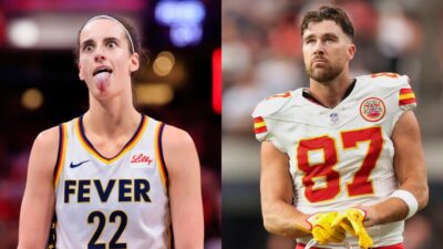 Caitlin Clark sticking tongue out and Travis Kelce in unform