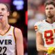 Caitlin Clark sticking tongue out and Travis Kelce in unform