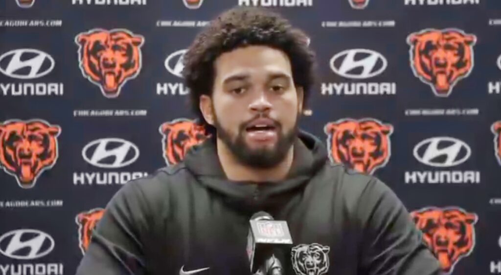 Caleb Williams talks during a press conference.