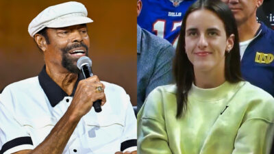 Photo of Clyde Fraizier holding a mic and photo of Caitlin Clark smiling