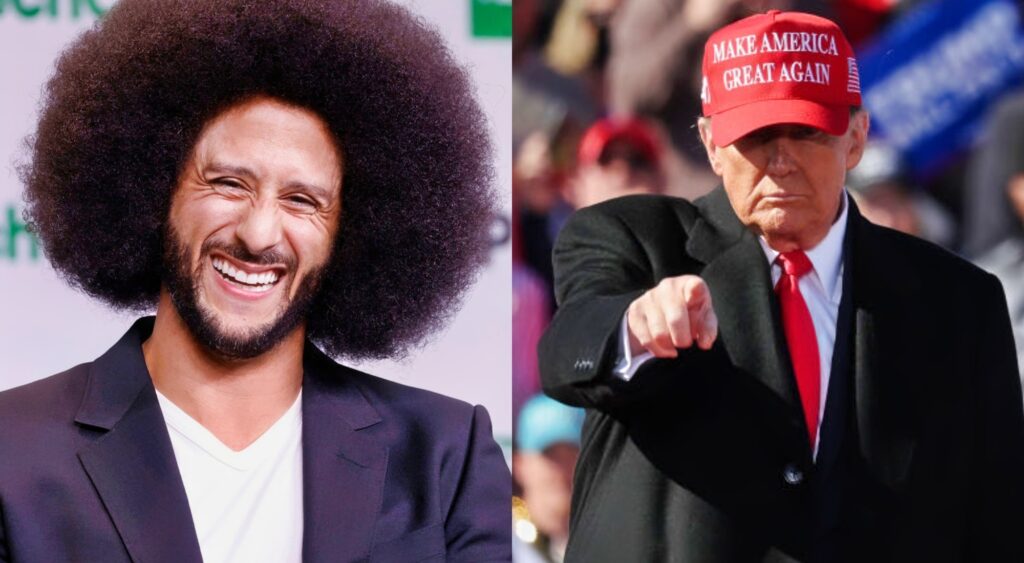 Colin Kaepernick smiling and Donald Trump pointing to crowd