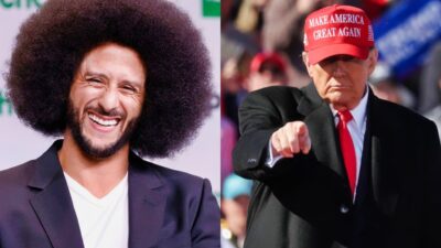 Colin Kaepernick smiling and Donald Trump pointing to crowd