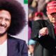 Colin Kaepernick smiling and Donald Trump pointing to crowd