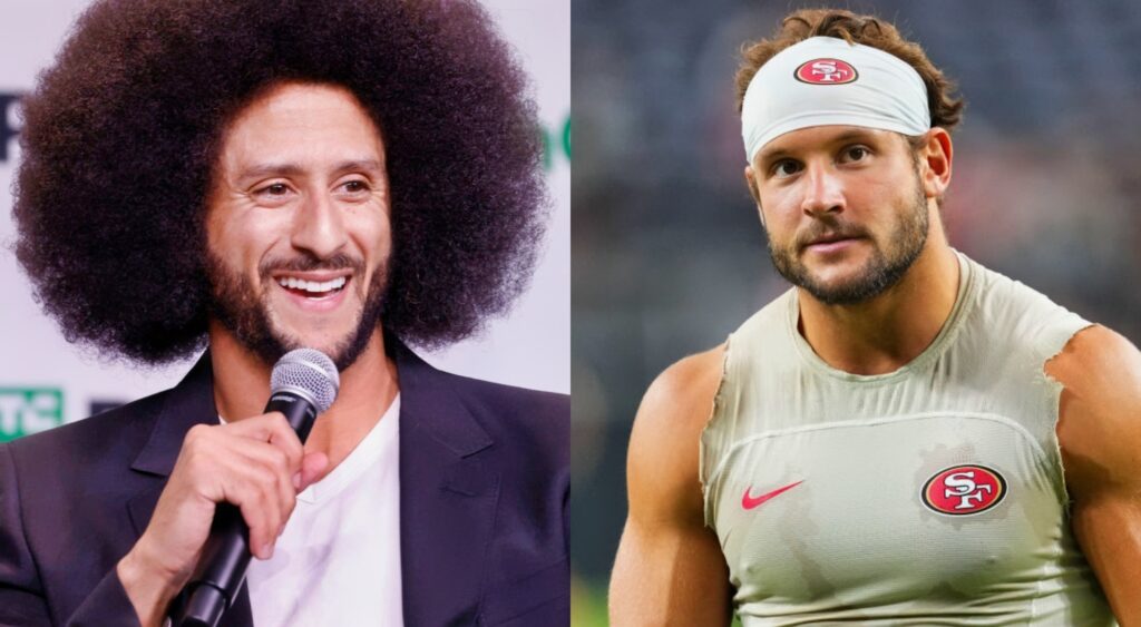 Colin Kaepernick speaking at event and Nick Bosa in 49ers shirt