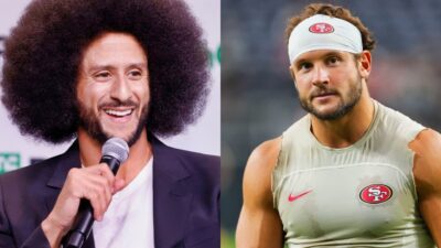 Colin Kaepernick speaking at event and Nick Bosa in 49ers shirt