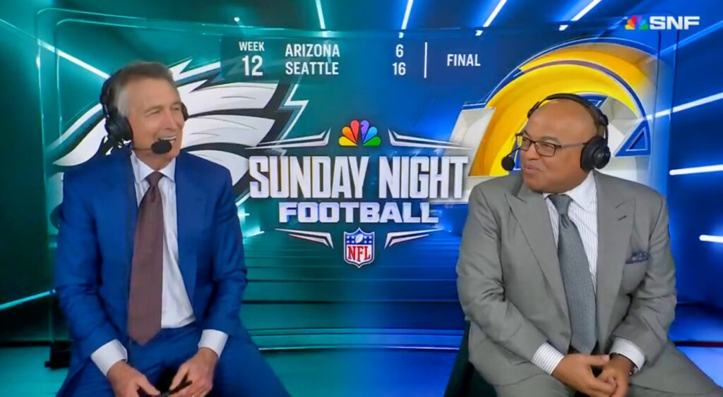 Cris Collinsworth and Mike Tirico in the booth during the Rams-Eagles game