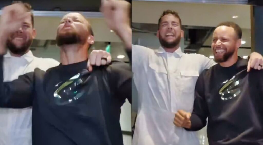 Stephen Curry mimicking Jayson Tatum's celebration