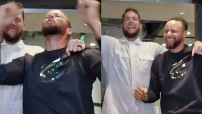 Stephen Curry mimicking Jayson Tatum's celebration