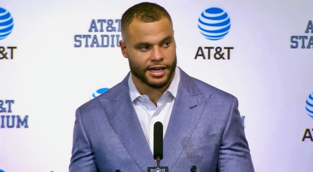 Dak Prescott speaks at a press conference.