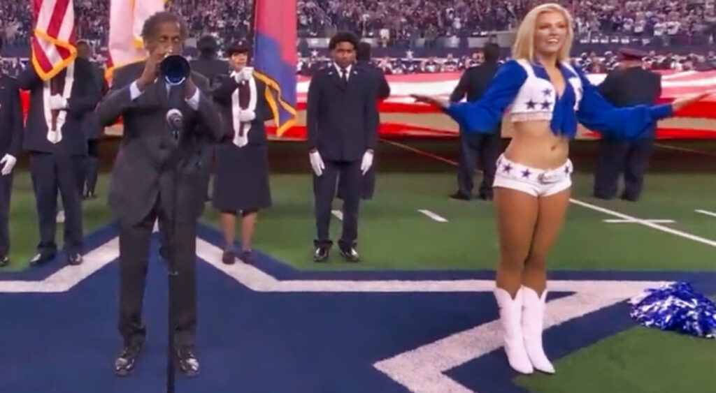 Dallas Cowboys cheerleader performing national anthem