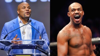 Daniel Cormier during UFC Hall of Fame event, and Jon Jones looks on during a Light Heavyweight titlebout against Alexander Gustafsson of Sweden during the UFC 232