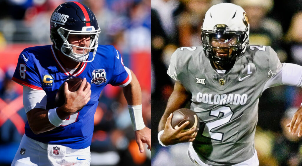 Photos of Daniel Jones and Shedeur Sanders running with a football