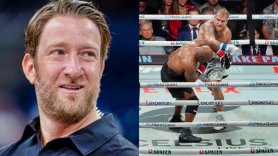 Photo of Dave Portnoy smiling and photo of Jake Paul fighting Maike Tyson