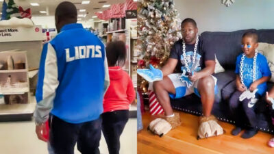 Photos of Detroit Lions fan at Target and on couch at home