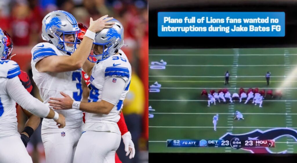 Detroit Lions players on field and fans on plane 