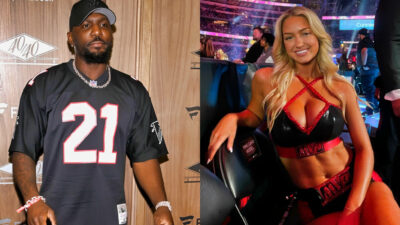 Photo of Dez Bryant in Falcons jersey and photo of Sydney Thomas smiling