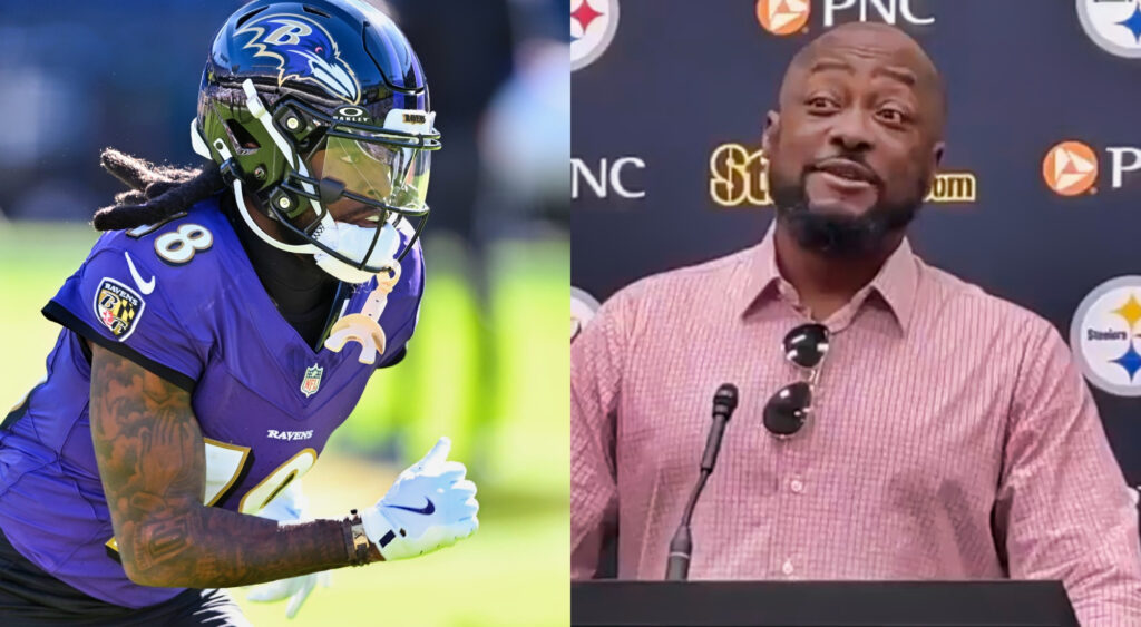 Photo of Dionte Johnson in Ravens uniform and photo of Mike Tomlin speaking to reporters