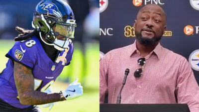 Photo of Dionte Johnson in Ravens uniform and photo of Mike Tomlin speaking to reporters