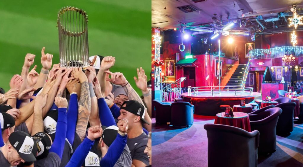 Dodgers lift the world series trophy and inside of an LA gentlemen's club.