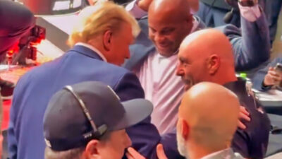 Donald Trump embracing Joe Rogan