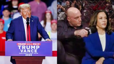 Donald Trump during rally and Kamala Harris pictures in cage with Joe Rogan