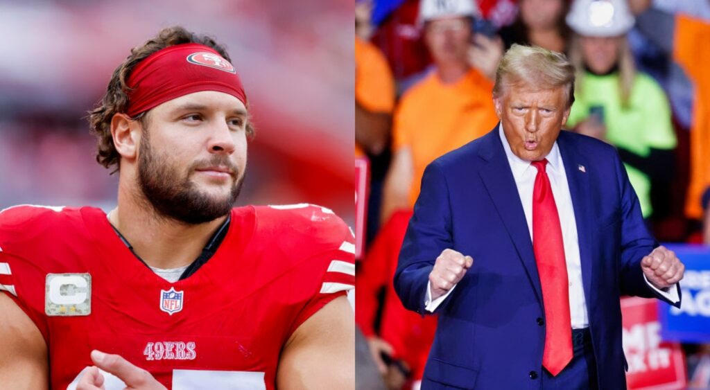 Donald Trump dancing and Nick Bosa in uniform