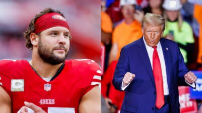 Donald Trump dancing and Nick Bosa in uniform