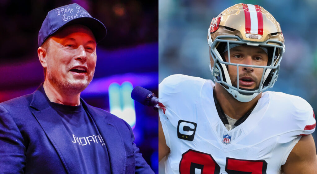 Elon Musk on podium (left) and Nick Bosa in 49ers uniform (right)