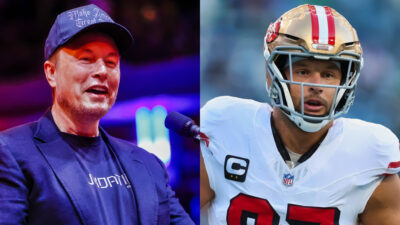 Elon Musk on podium (left) and Nick Bosa in 49ers uniform (right)