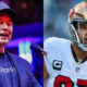 Elon Musk on podium (left) and Nick Bosa in 49ers uniform (right)