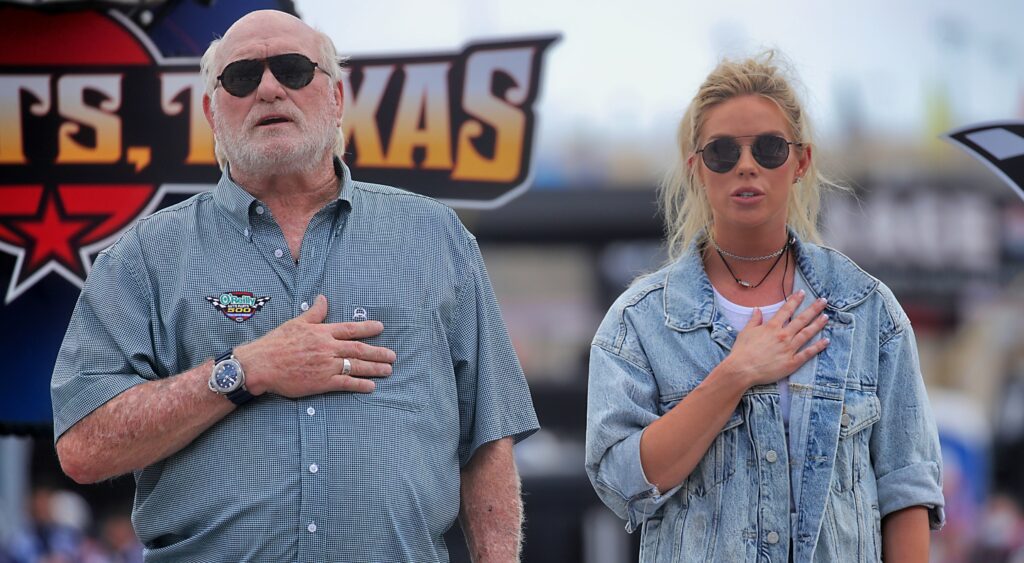 Terry and Rachel Bradshaw during the anthem.