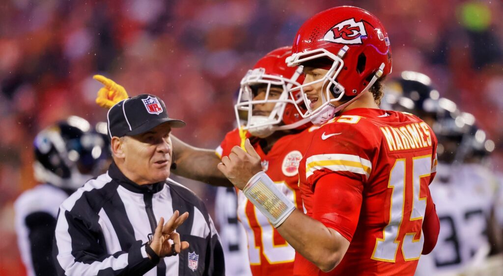 Patrick Mahomes talking to an NFL official. Fans already think the NFL refs have rigged the Chiefs-Bills game for Sunday.