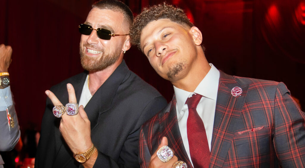 Travis Kelce and Patrick Mahomes flashing their Super Bowl rings