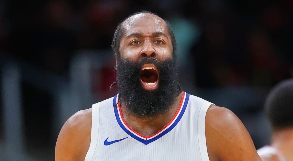 James Harden reacts after a shot.