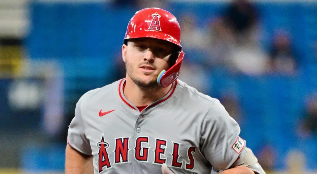 Mike Trout of Los Angeles Angels running the bases.