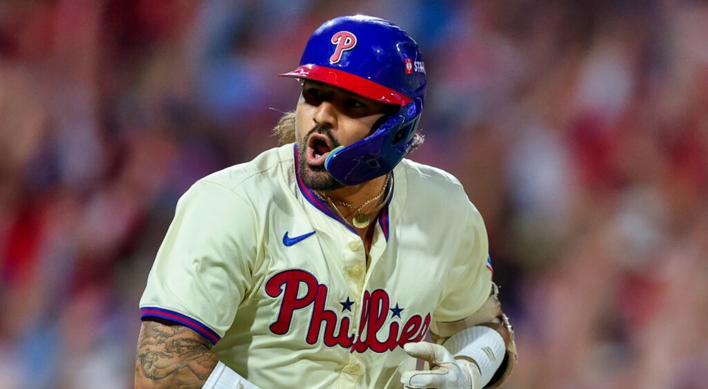 Nick Castellanos of Philadelphia Phillies celebrating a hit.