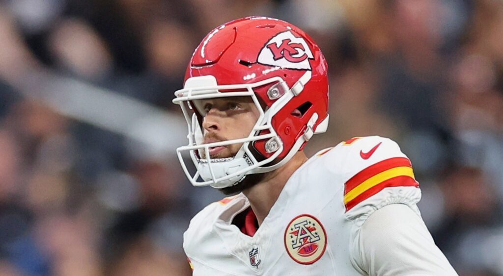 Harrison Butker of Kansas City Chiefs reacting during game.