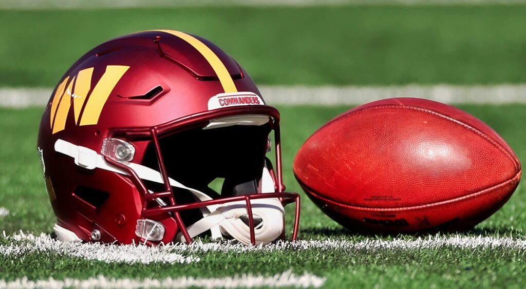 Washington Commanders helmet on the field.