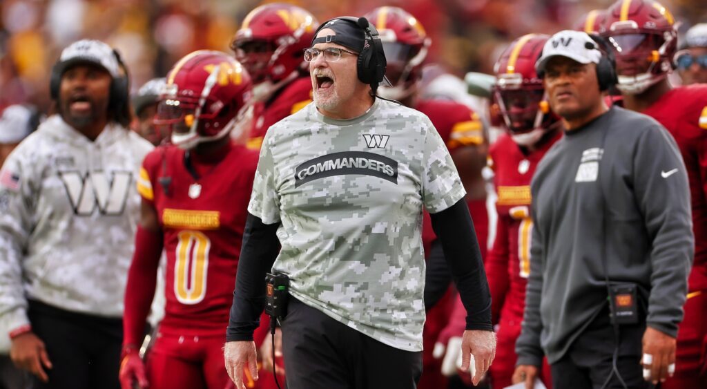 Washington Commanders head coach Dan Quinn yells during game vs. Pittsburgh Steelers