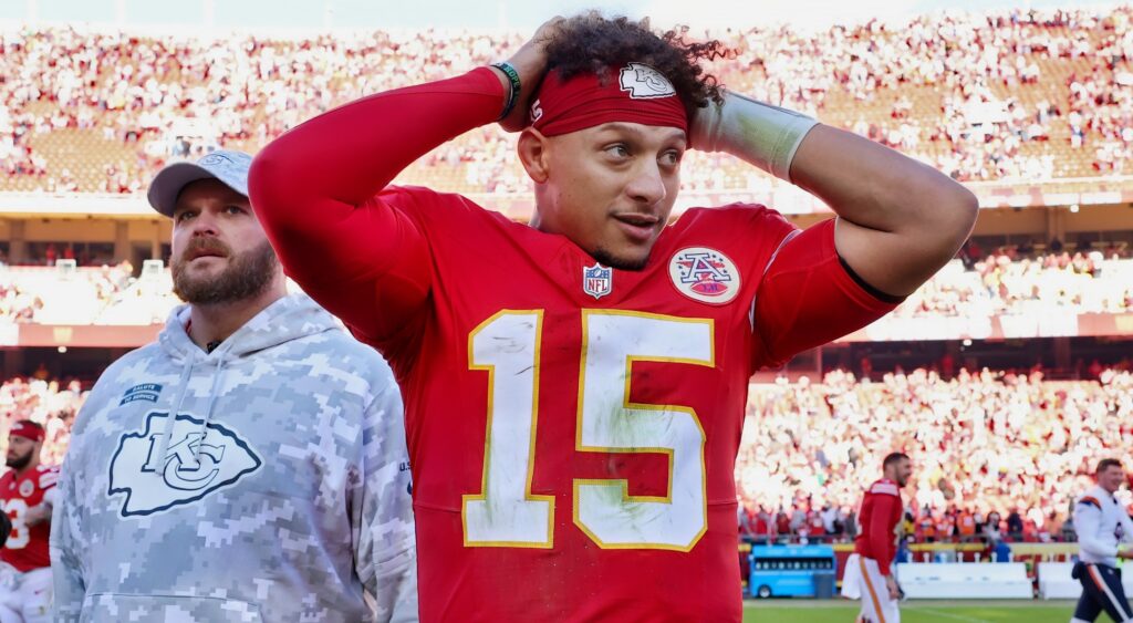 Patrick Mahomes with his hands on his head