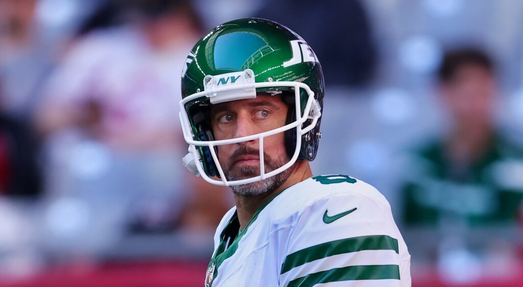 Aaron Rodgers of New York Jets looking to throw.